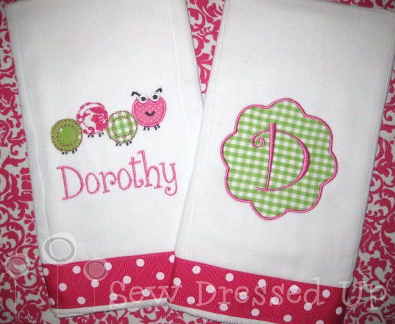 Personalized Burp Cloth Set for Baby Girl - Pink and Green Caterpillar Burp Cloth Set - Monogrammed Personalized