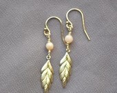 Gold Leaf Earrings - gold filled small charm slender skinny & peach aventurine stone - adenandclaire