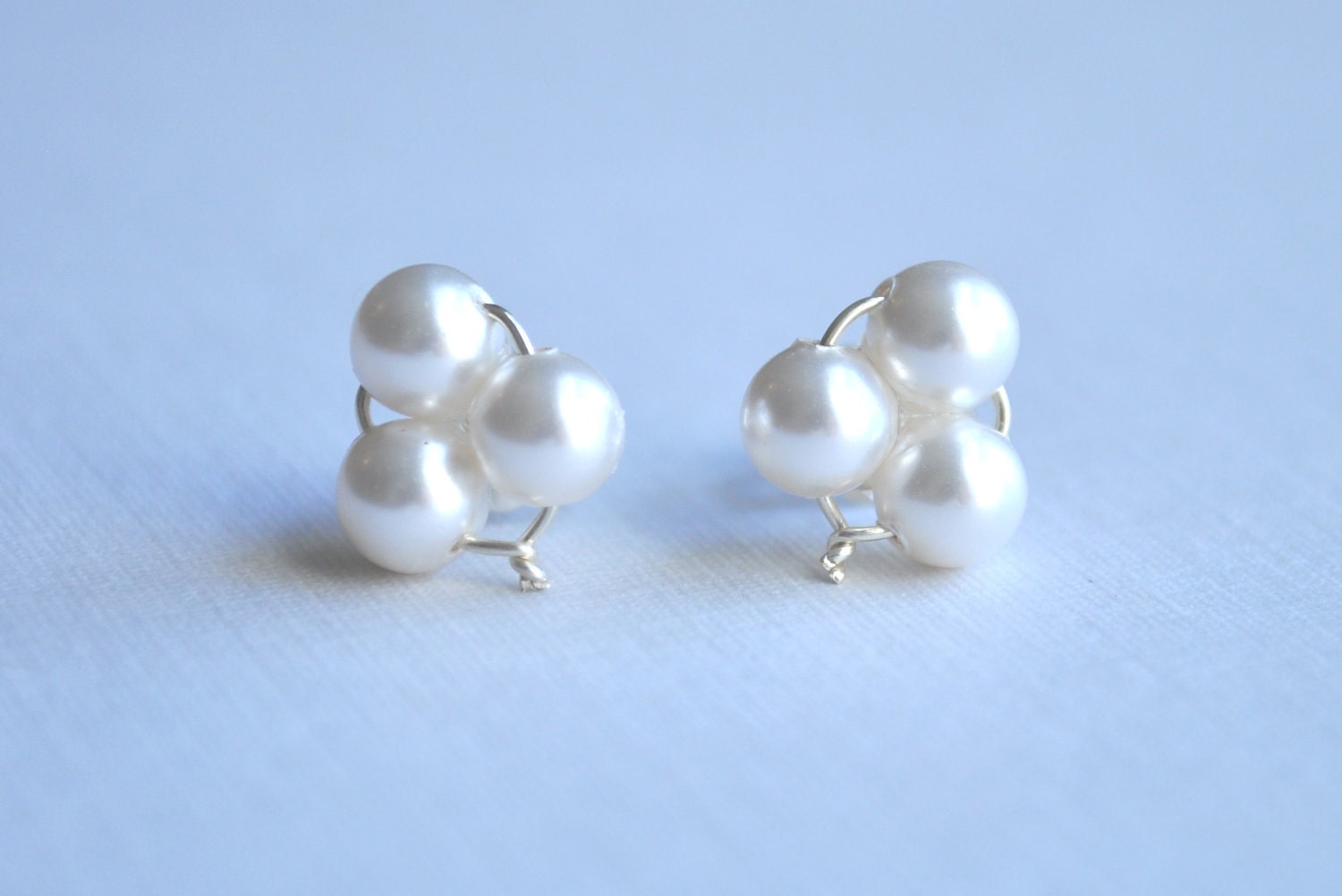 Baby's Breath Earrings - white pearl swarovski small cluster trio sterling silver post - simple bridal or everyday jewelry - adencreations