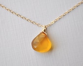 Lemon Drop Necklace - mustard yellow briolette chalcedony stone gold filled solitaire - simple everyday jewelry - adenandclaire