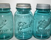 4 Vintage Aqua Blue  BALL Perfect Mason Quart Jars with OLD Zinc Lids - sunshinehillfarm1848