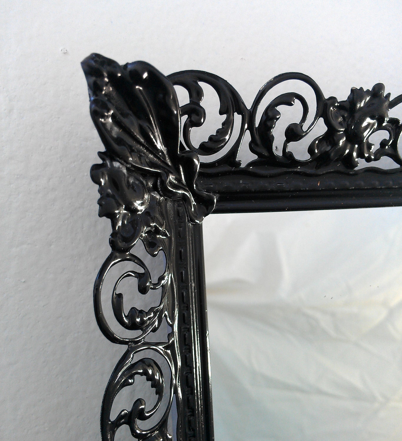 Ornate Black Mirror in Vintage Brass Filigree Frame