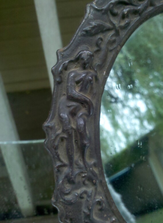 Antique Round Mirror in Cast Iron Heaven and Hell Frame - Dated 1850