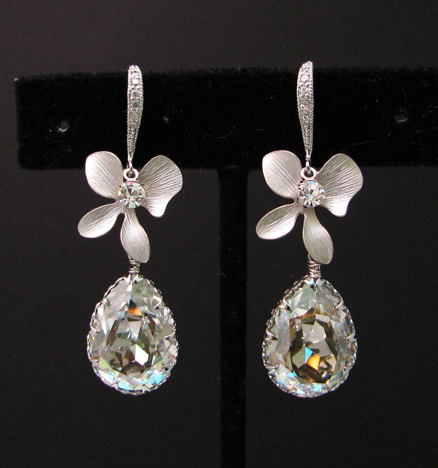 Swarovski silver shade teardrop foiled crystal with white gold plated orchid flower connectors and sterling silver cz hook earrings