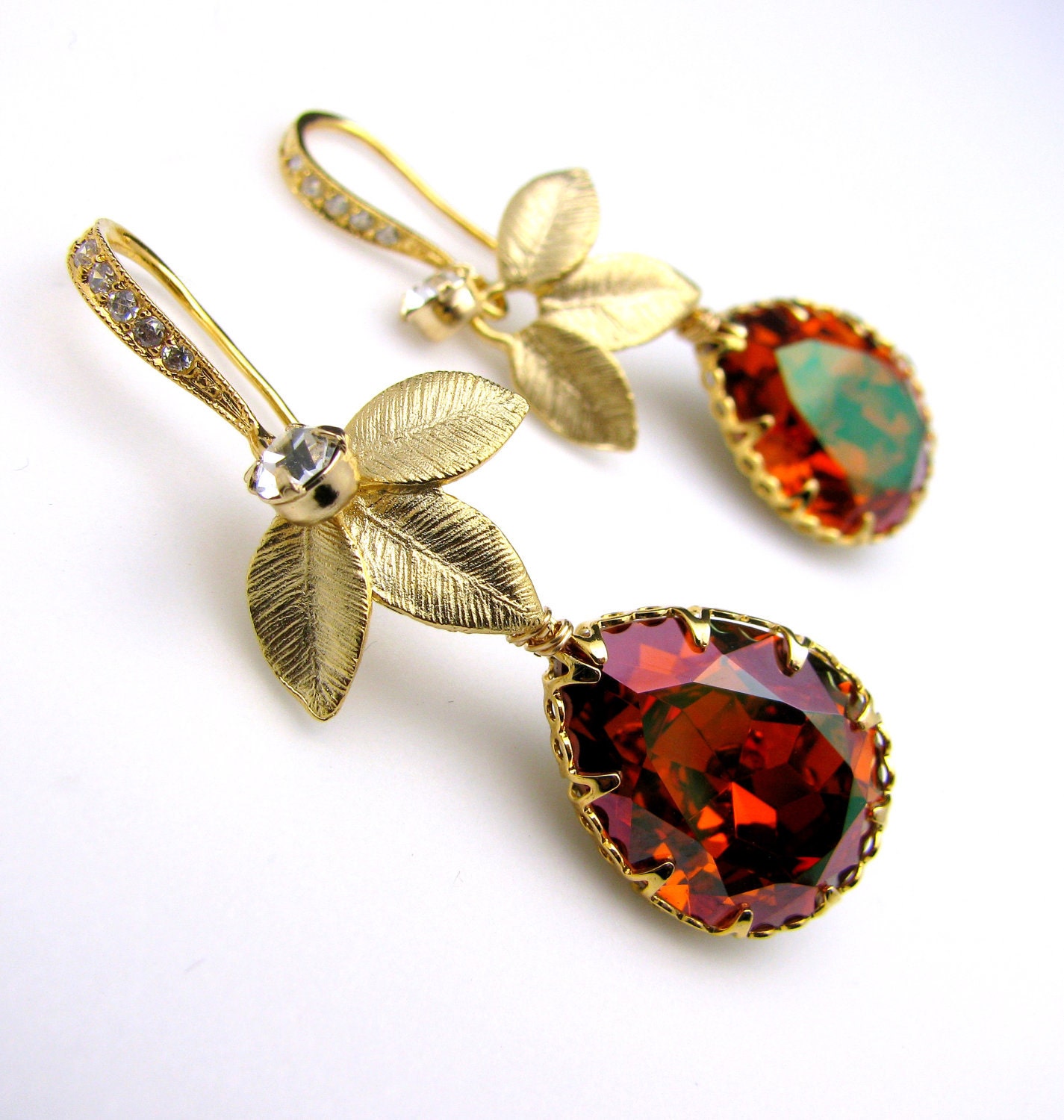 Swarovski crystal copper teardrop earrings with gold vermeil hook and three leaf connector - Free US shipping