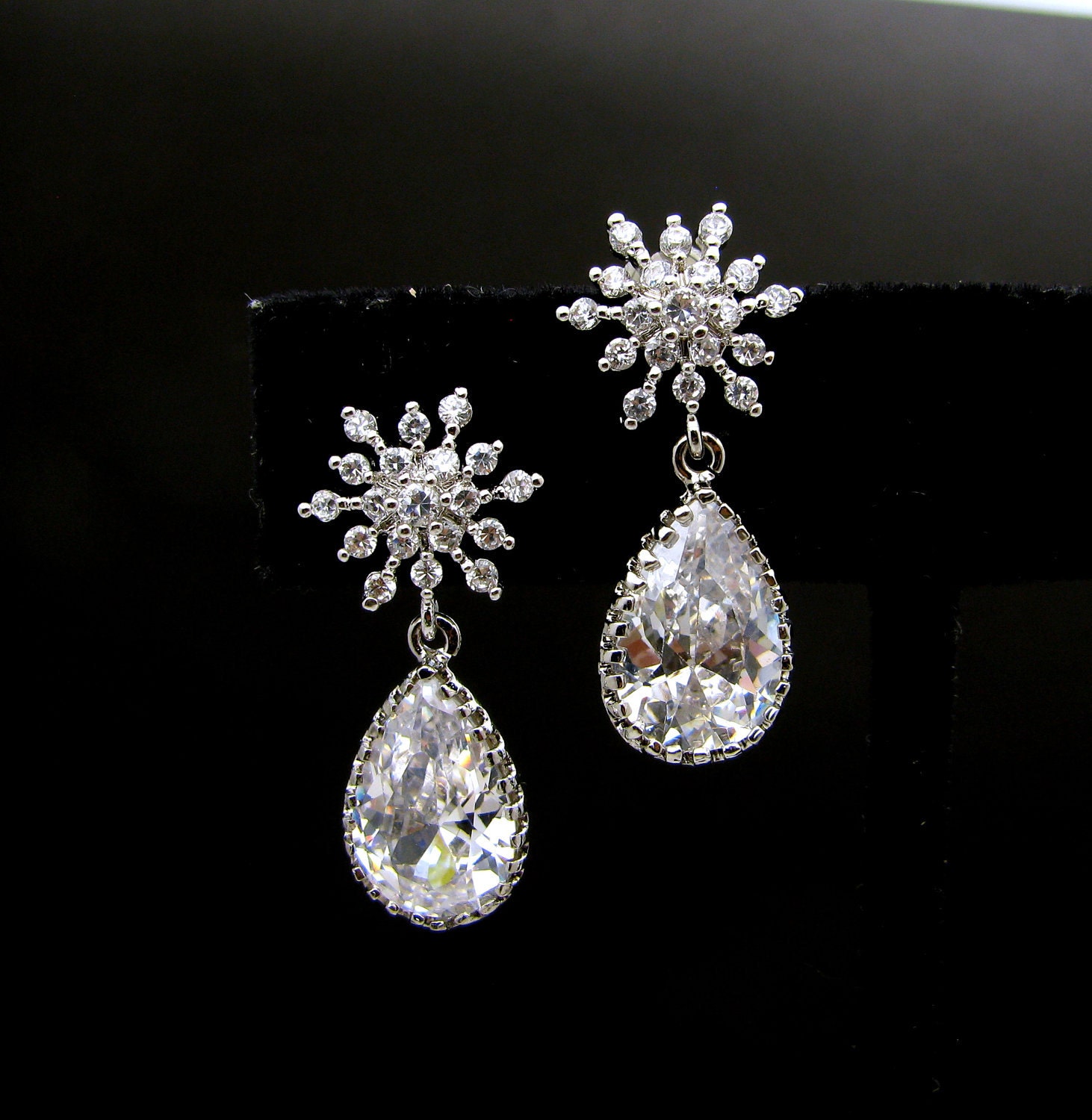 Bridal wedding Clear white teardrop cubic zirconia on cz flower post earrings - Free US shipping