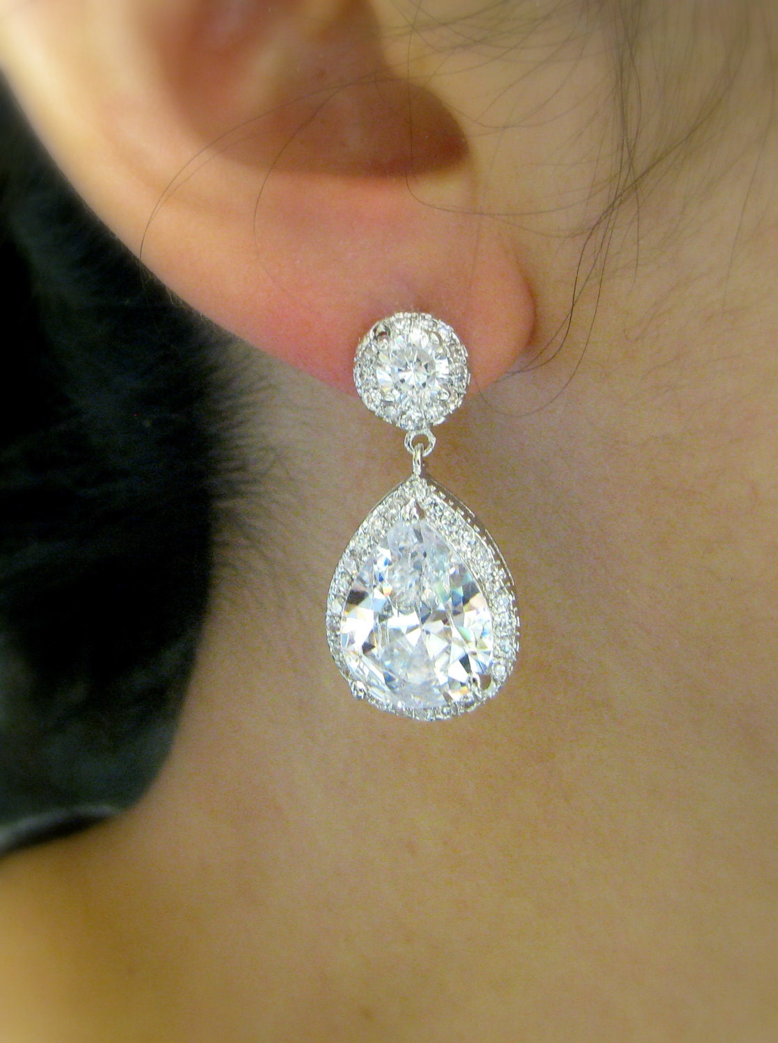 bridal jewelry wedding jewelry wedding earrings Bridesmaid jewelry prom party gift Clear white teardrop AAA cubic zirconia post earrings