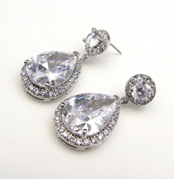 bridal jewelry wedding jewelry wedding earrings Bridesmaid jewelry prom party gift Clear white teardrop AAA cubic zirconia post earrings