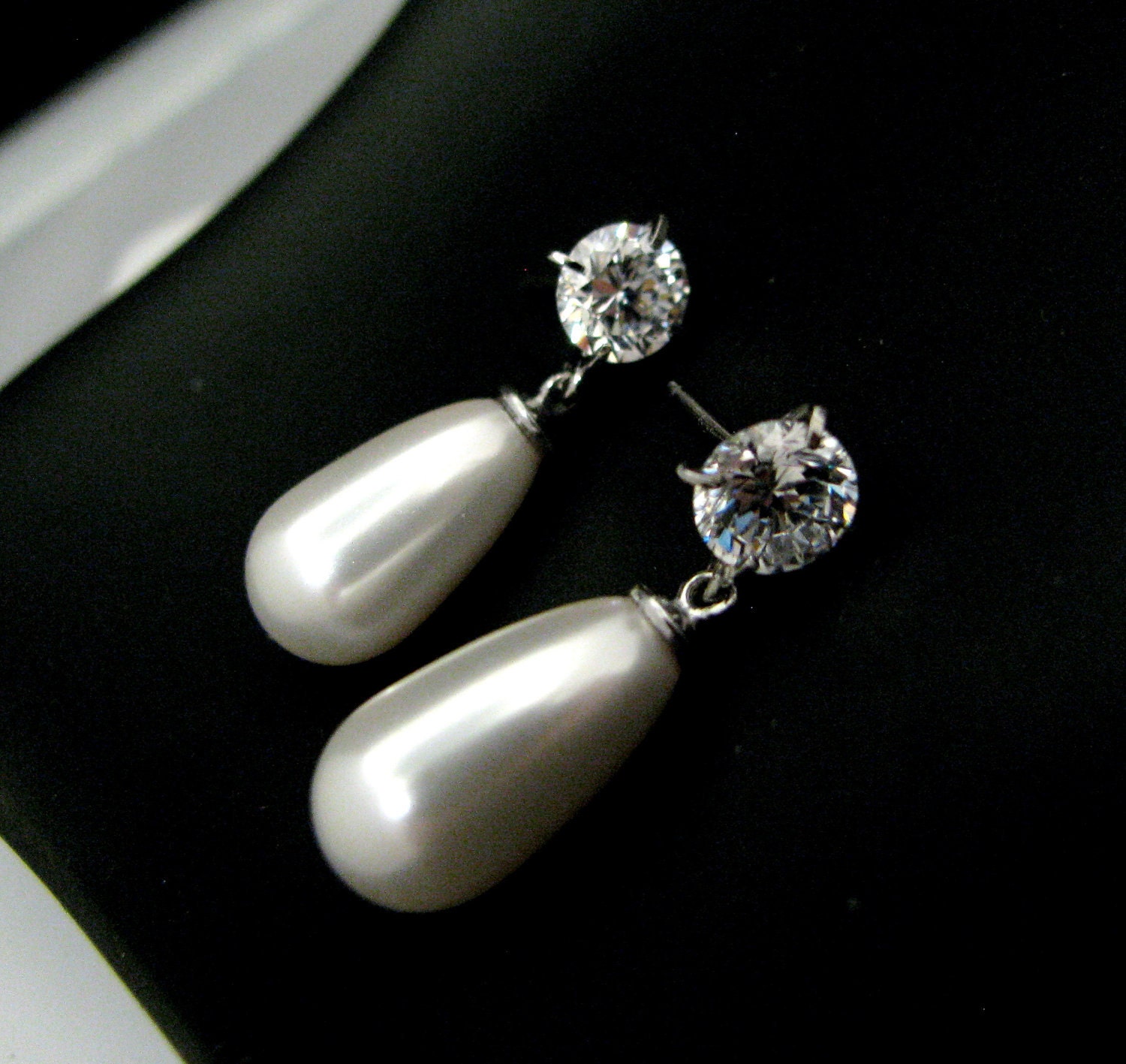Sterling silver 6mm cz post  with white teardrop swarovski  pearls- Free US shipping