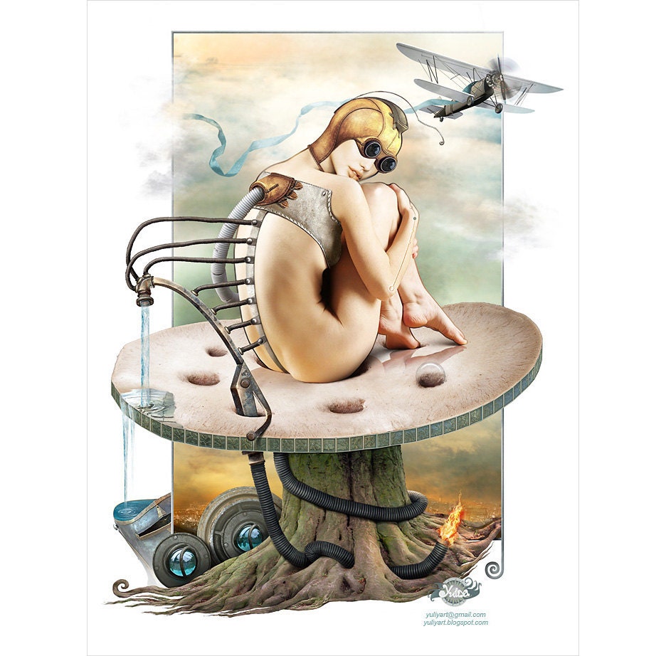 Steampunk surreal fine art Victorian digital print computer graphics goth photo alteration interior decor fantasy mustard brown nature mint