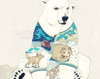Polar Bear - romantic print gift for her cute animal drawing fine art magic home decor woodland nature mint white outdoor for him man dude