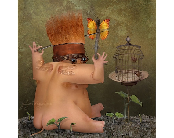 Scientist - surreal digital art photo manipulation computer graphics retouch collage montage butterfly cage needle gardener lab rustic dude