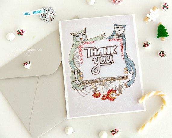Cat and Owl Thank you card - greeting gratitude animal cute kitty bird personal gift love romantic sweetheart woodland friend shabby father