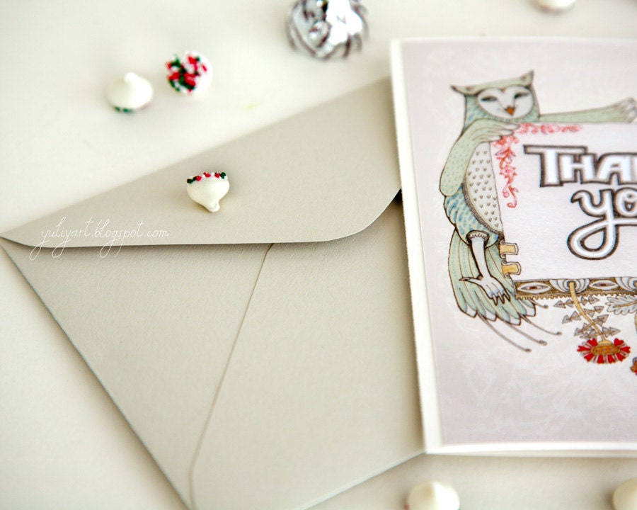 Cat and Owl Thank you card - greeting gratitude animal cute kitty bird personal gift love romantic sweetheart woodland friend shabby father
