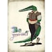Gift for him nursery decor print green crocodile animal inspiration card drawing dapper suit statement dressy brown man unisex green pastel