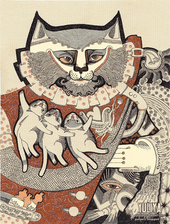 Kitten Papa - cute cat drawing nursery decor fine art print illustration wall art family man love child sepia heart kitty pet kitten romance