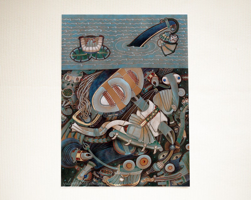 Clear Water - home decor wall hanging fine art print surreal illustration drawing painting stylized imaginative fantasy mystic luxury mint