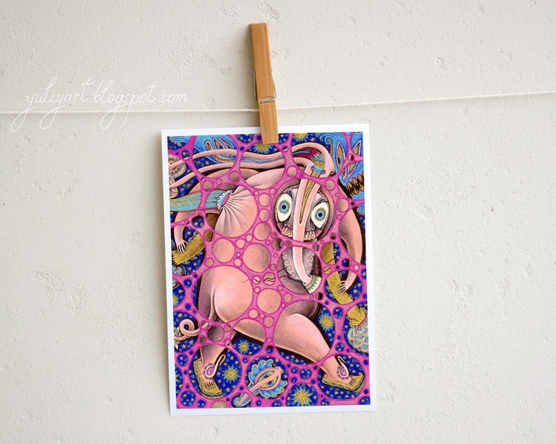 Nursery decor cute illustration animal drawing fantasy art whimsical print surreal hot pink cobalt blue gift for her home decor wall picture