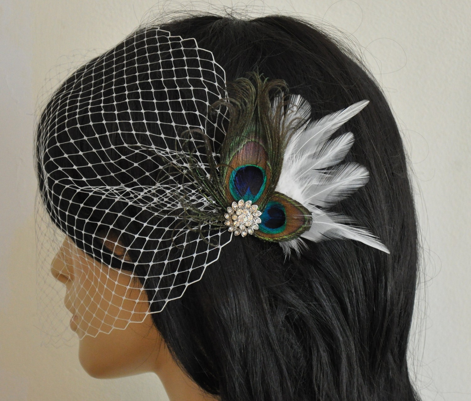Birdcage Veil ,peacock Feathers Fascinator,(2 ITEMS),bridal Feathers Fascinator, Hair Accessories,bridal head piece - Estrid