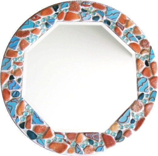 Mosaic Mirror beach pottery sea glass terracotta turquoise