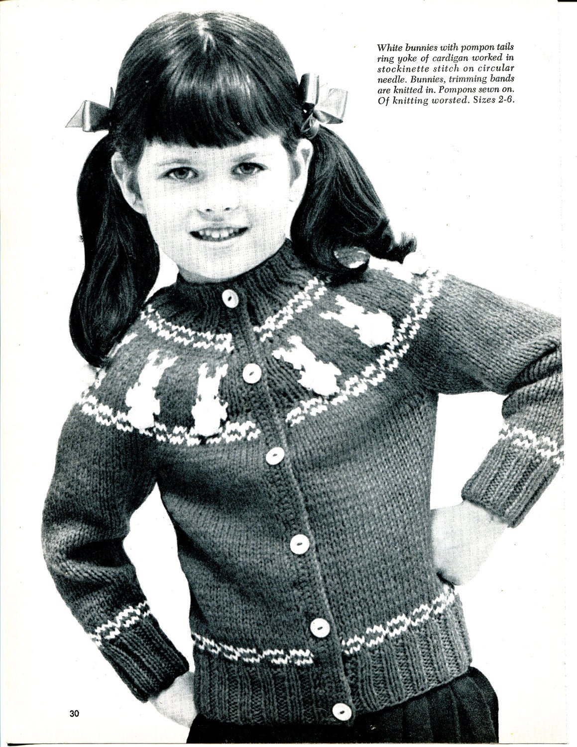 1968 Vintage Girl's Round Yoke Bunny Cardigan Sweater Knit Knitting Pattern PDF Format