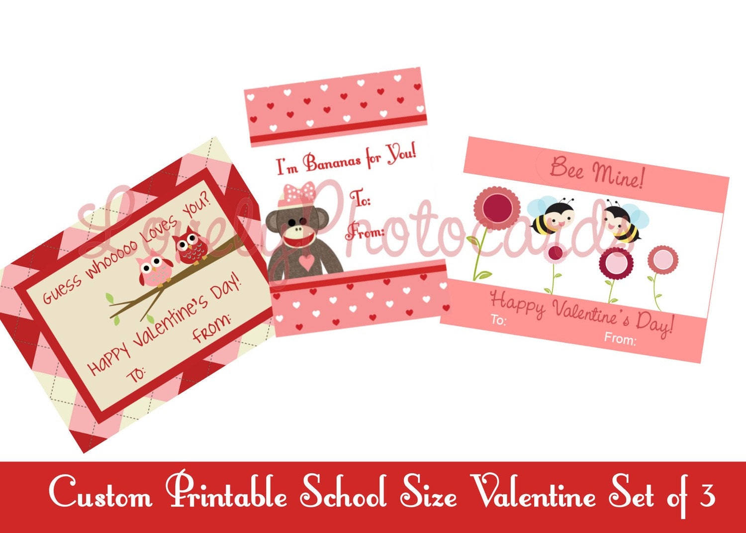 Sock Monkey, Owl, and Bee Custom Printable Children's School Valentine Card Set of 3