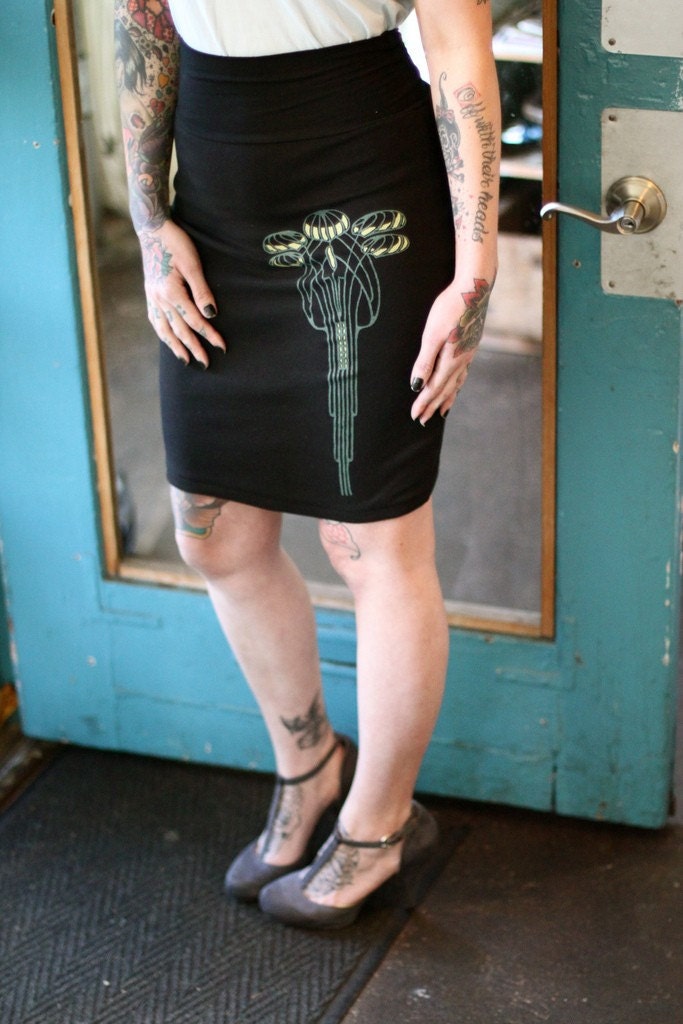 Nouveau Tree Hand Screen Printed Women's Jersey Pencil Skirt or Tube Top.