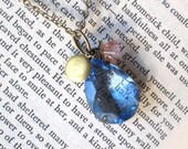 Blue Glass Jewel Necklace with Tiny Brass Locket and Flower, Antique Gold, Estate Style, Large Pendant, Jewelry by Ingodshands on Etsy