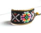 Embroidered Fabric X and O Tribal Bracelet with Tiny Feather, Antique Gold, with Turquoise and Yellow Mother of Pearl