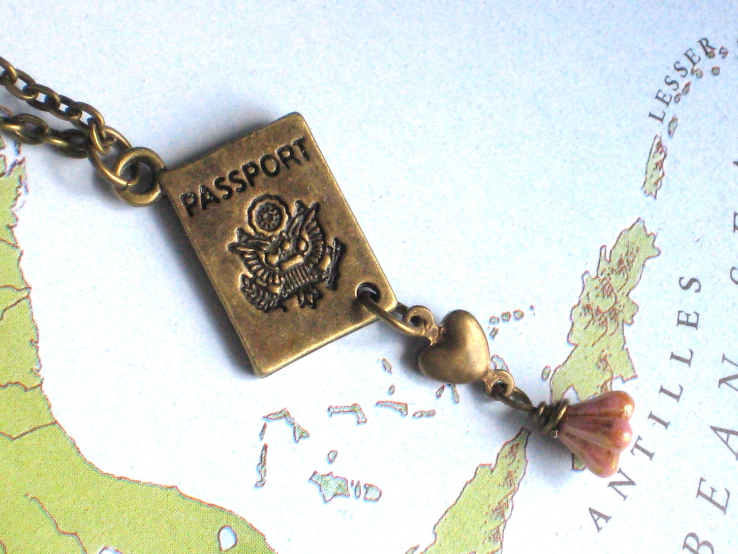 She Loves to Travel Antique Brass Passport Necklace with Tiny Heart and Flower
