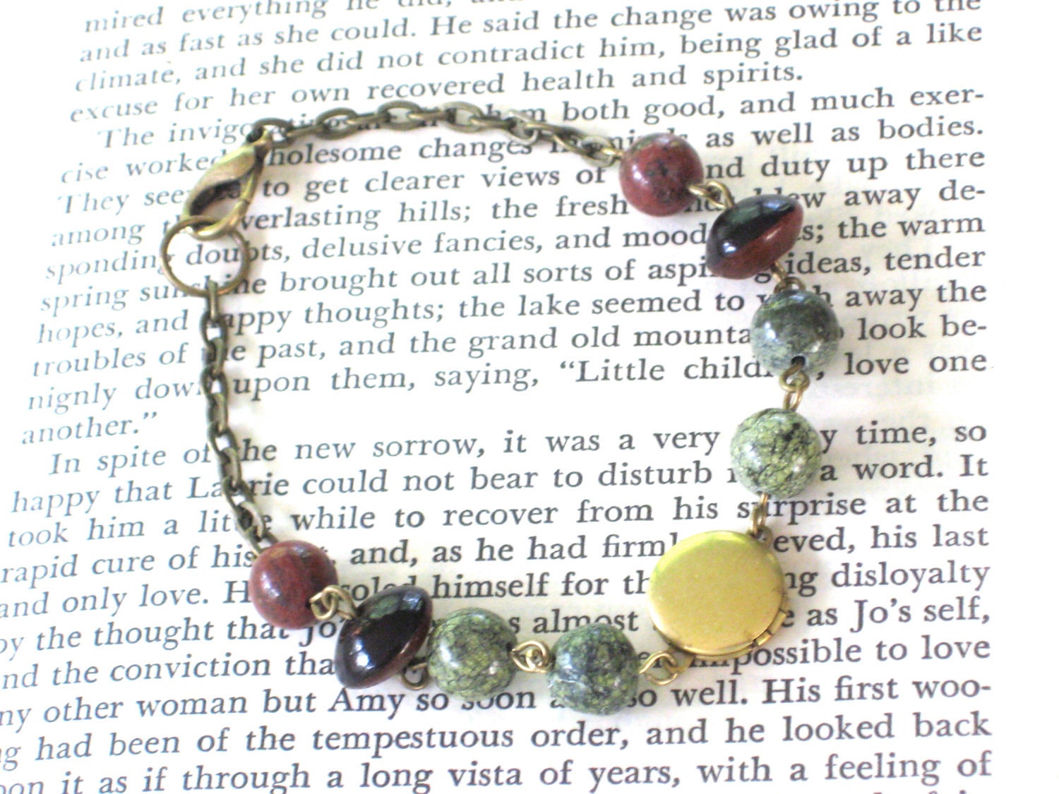Vintage Brass Locket Bracelet with Green Russian Serpentine and Red Sesame Jasper Stones, Antique Gold, Bohemian, Keepsake