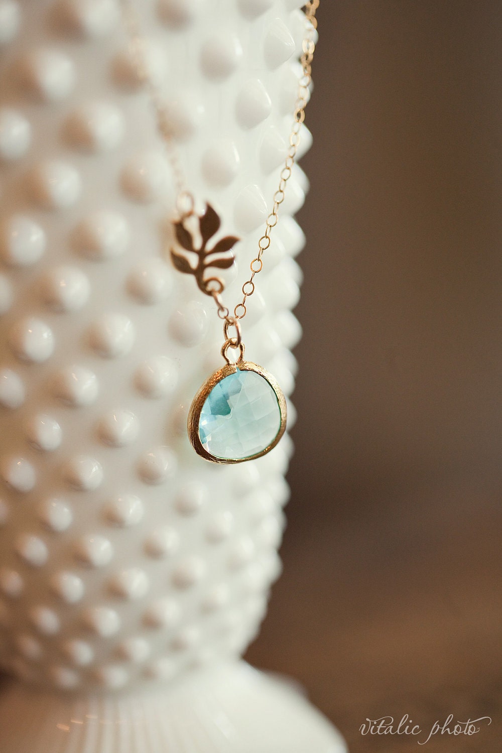Something Blue Necklace - Glass Teardrop, Gold