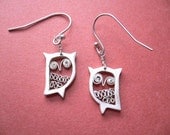 Silver Owl Earrings - Animal Jewelry - handcrafted dangle earring