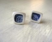 Square Resin Stud Earrings - Chiyogami Yuzen Paper - white dots on blue