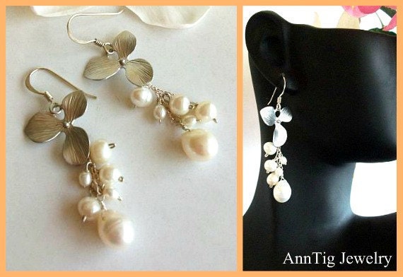 Orchid Flower with Freshwater Pearls Sterling Silver Earrings, Wedding, Birthday gift, Anniversary, Bridal