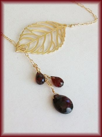 Gold tone Leaf with Natural Garnet 14k gold filled Lariat Necklace - AnnTig, Chriostmas, Holiday gift
