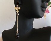 Extra Long Orchid and Smoky Quartz 14k Gold gf Earrings, Bridesmaids gift, Wedding, Birthday gift