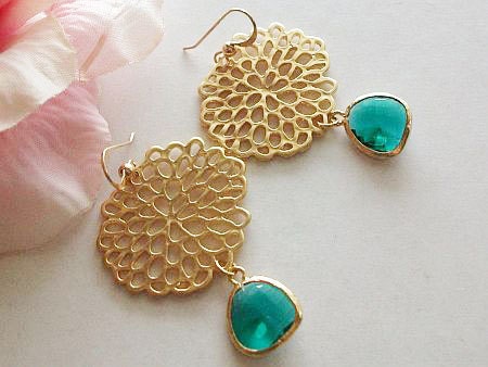 Gold Framed Emerald green Glass Stone Dahlia Earrings on 14k Gold filled Earwires, Birthday gift, Anniversary, Wedding