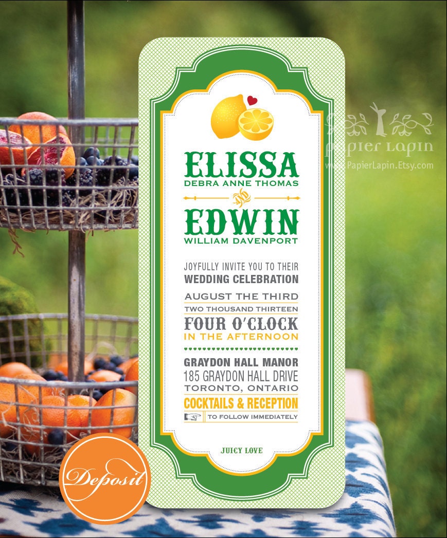 LennyLemon - Eco-friendly wedding invitation suite. Green, yellow and orange. Citrus theme. Refreshing - DEPOSIT