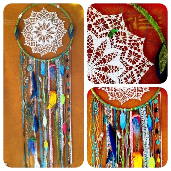 Lahaina Aloha huge 6' dream catcher FREE SHIPPING vintage lace, doily, parrot feathers