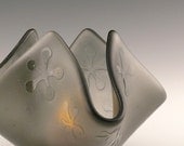 Candle Holder, Fused Glass Votive, Smoky Gray with Pop Flowers - ToltRiverStudios