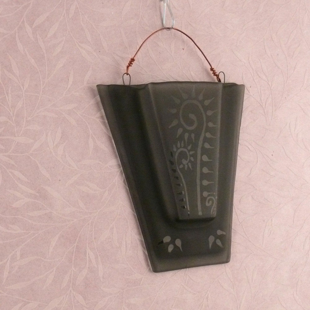 Etched Glass Wall Vase, Fused Gray Glass with Abstract Fern Design