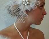 Bridal french net veil with ivory  peacock feather, white feathers,  rhinestone and pearl center fascinator