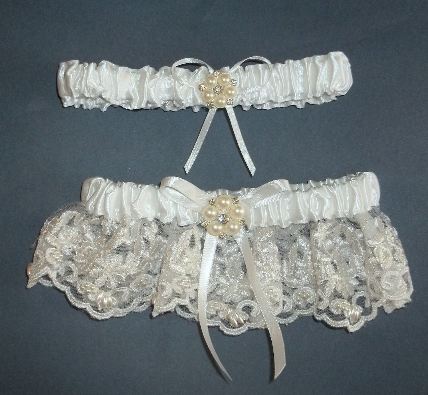 Garter - White lace and pearls, seed beading, satin Bridal Garter, Wedding Garter 2 pc set, toss garter