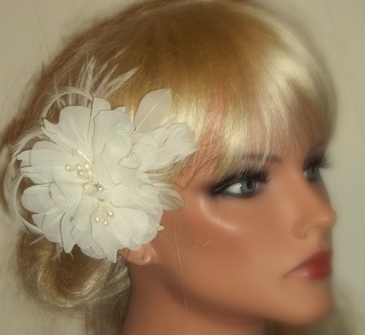 Ivory Chiffon Bridal Fascinator,Pearl Stamens, Hair Clip, Bridal Wedding, Special Occasion, Ship Ready