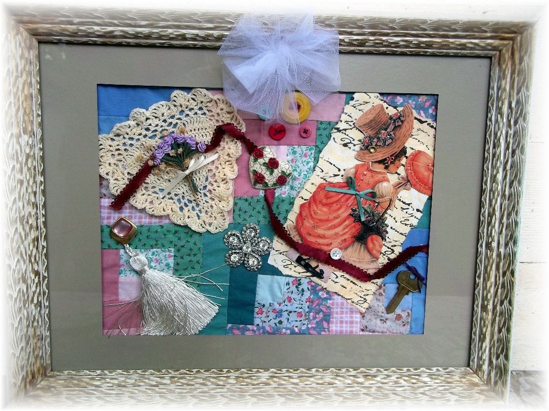 Victorian Framed Vinrtage Inspired Quilt Altered Art Mixed Media Embellished Collage Cottage Chic Farmhouse Rustic