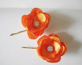 Orange Satin Flowers Hair pins with Rhinestones- Handmade