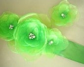 Sash and Hair Clip set Bright Lime Green - Handmade Organza Flowers