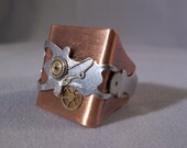 RIng Copper square silver clock hand watch gears Chunky