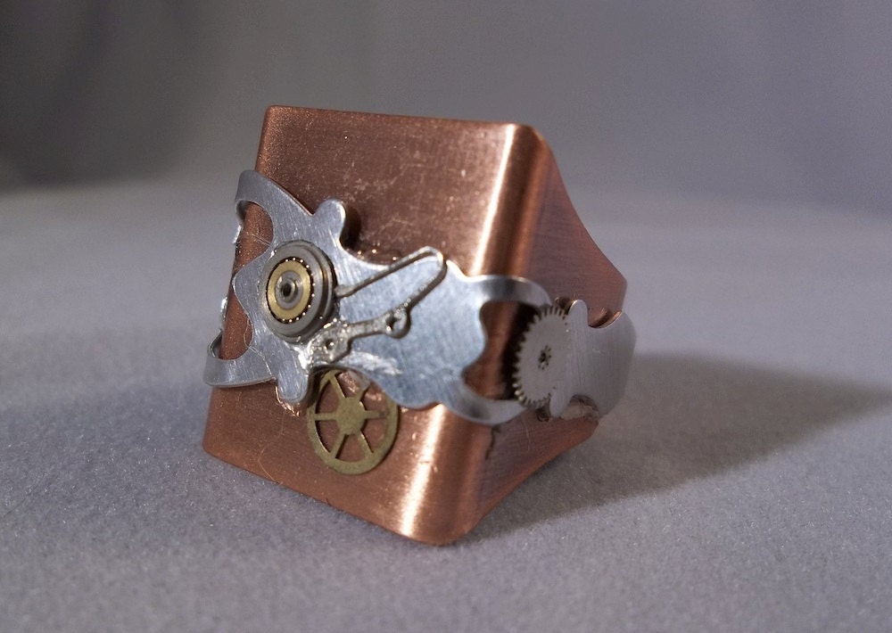 RIng Copper square silver clock hand watch gears Chunky